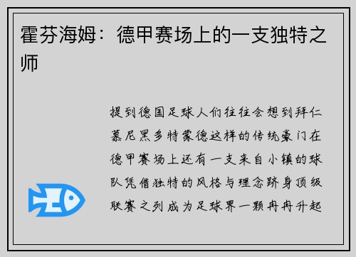霍芬海姆：德甲赛场上的一支独特之师